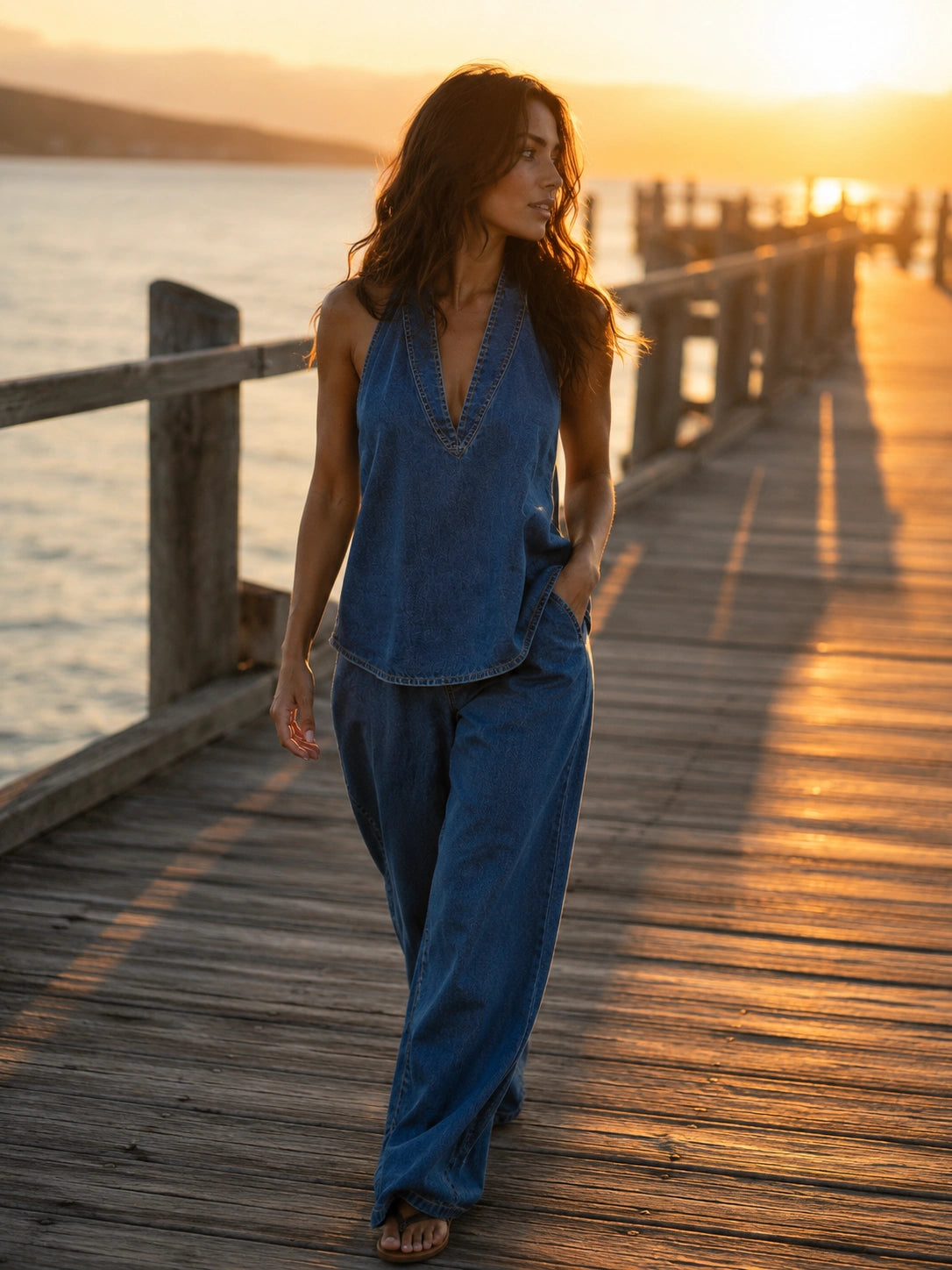 Malibu Halter Two-Piece Denim Set