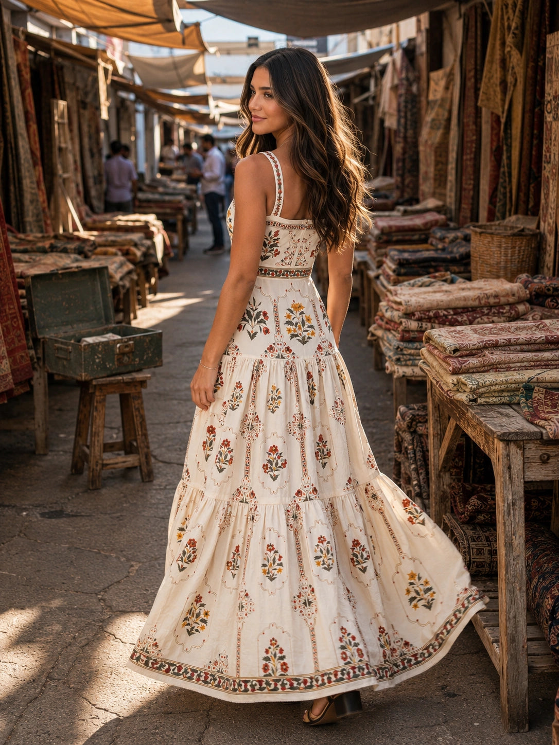 Careyes Tiered Block-Print Maxi Dress