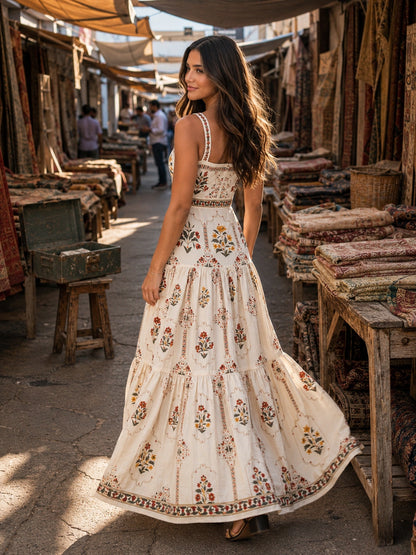 Careyes Tiered Block-Print Maxi Dress