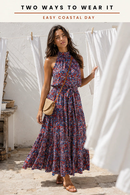 Lorne Tie-Neck Tiered Floral Maxi Dress