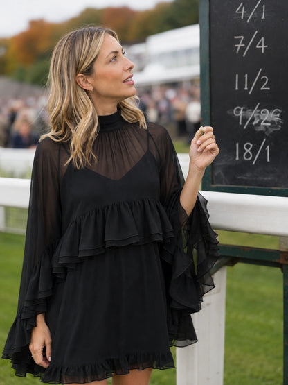 Savannah Ruffle Cape-Sleeve Mini Dress
