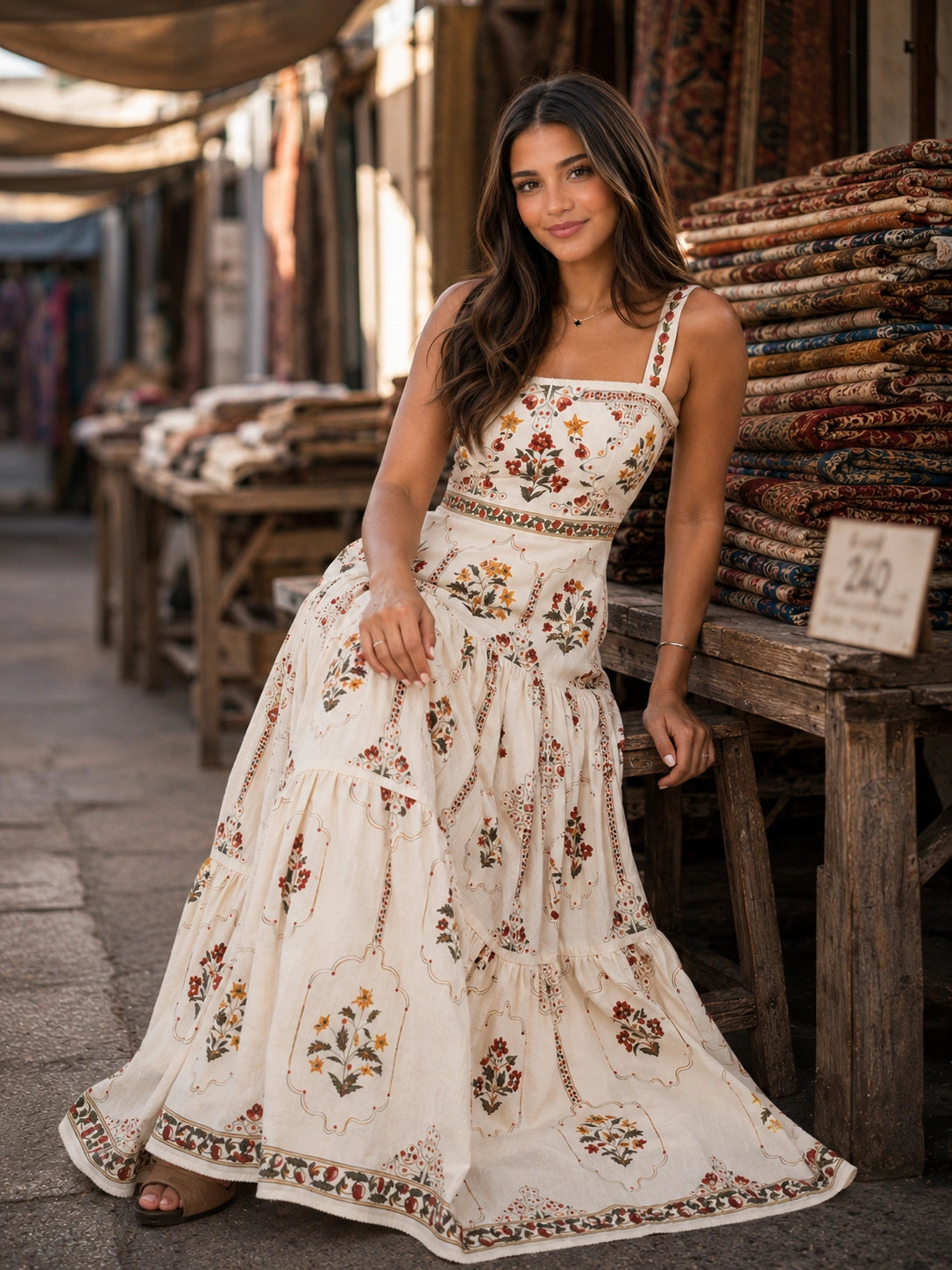 Careyes Tiered Block-Print Maxi Dress