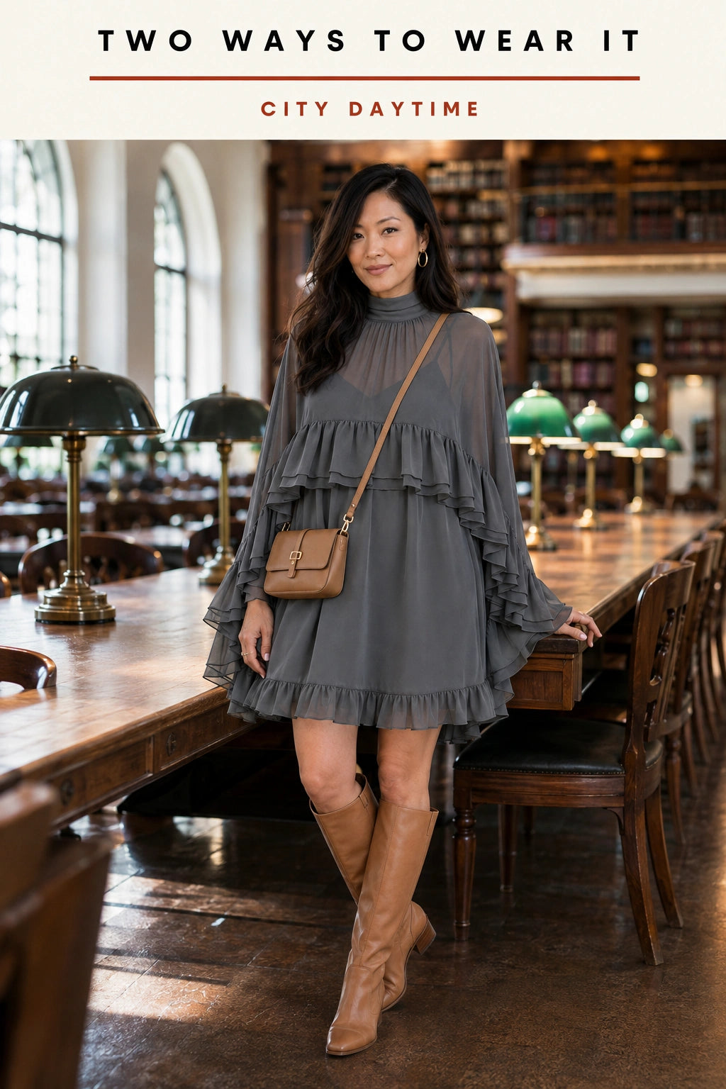 Savannah Ruffle Cape-Sleeve Mini Dress