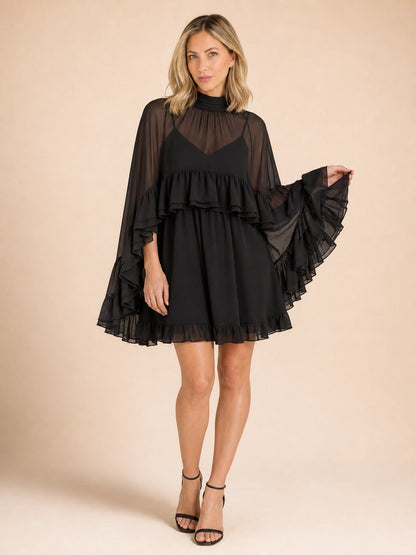 Savannah Ruffle Cape-Sleeve Mini Dress