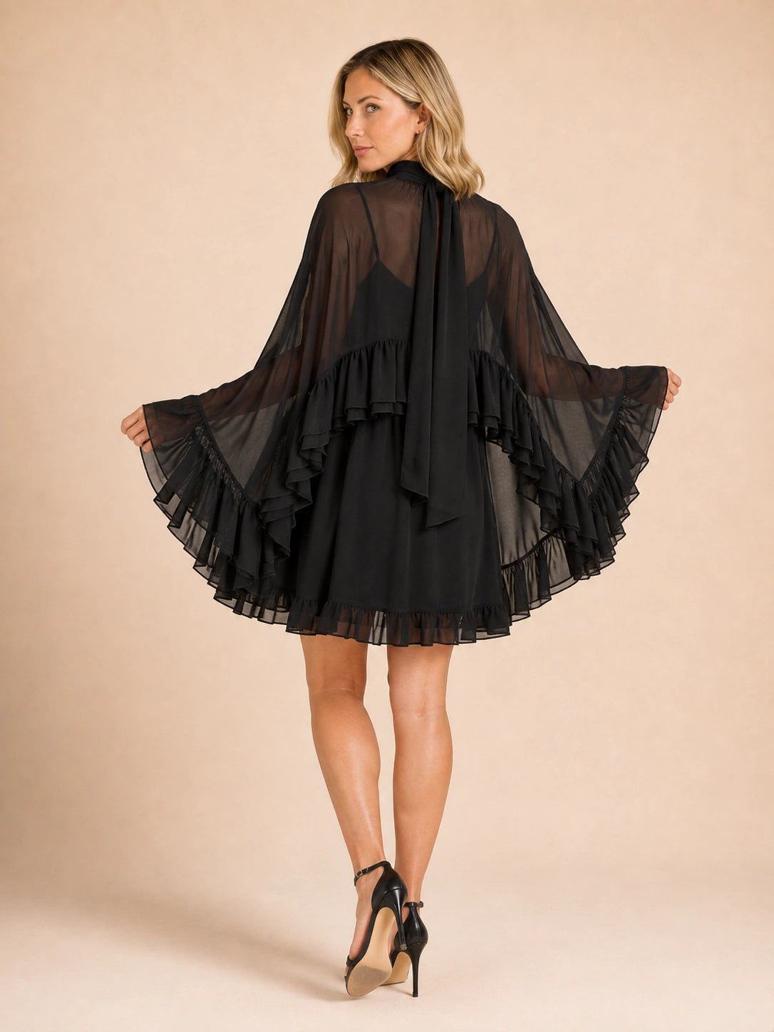Savannah Ruffle Cape-Sleeve Mini Dress