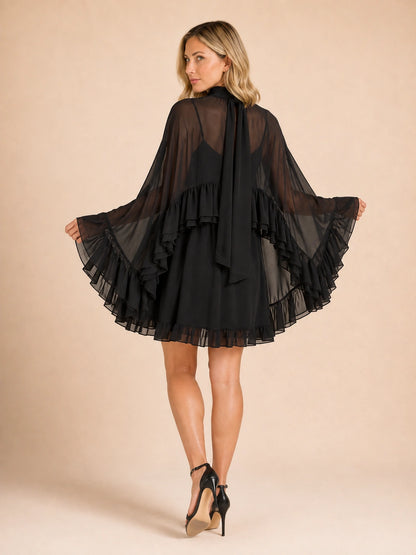 Savannah Ruffle Cape-Sleeve Mini Dress