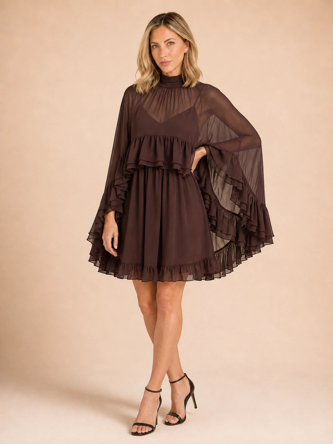 Savannah Ruffle Cape-Sleeve Mini Dress