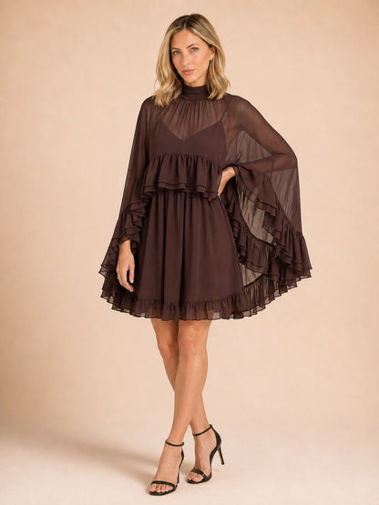 Savannah Ruffle Cape-Sleeve Mini Dress
