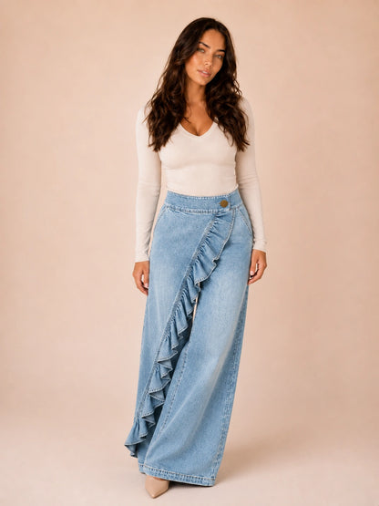 Avalon Ruffle-Trim Wide Leg Jeans
