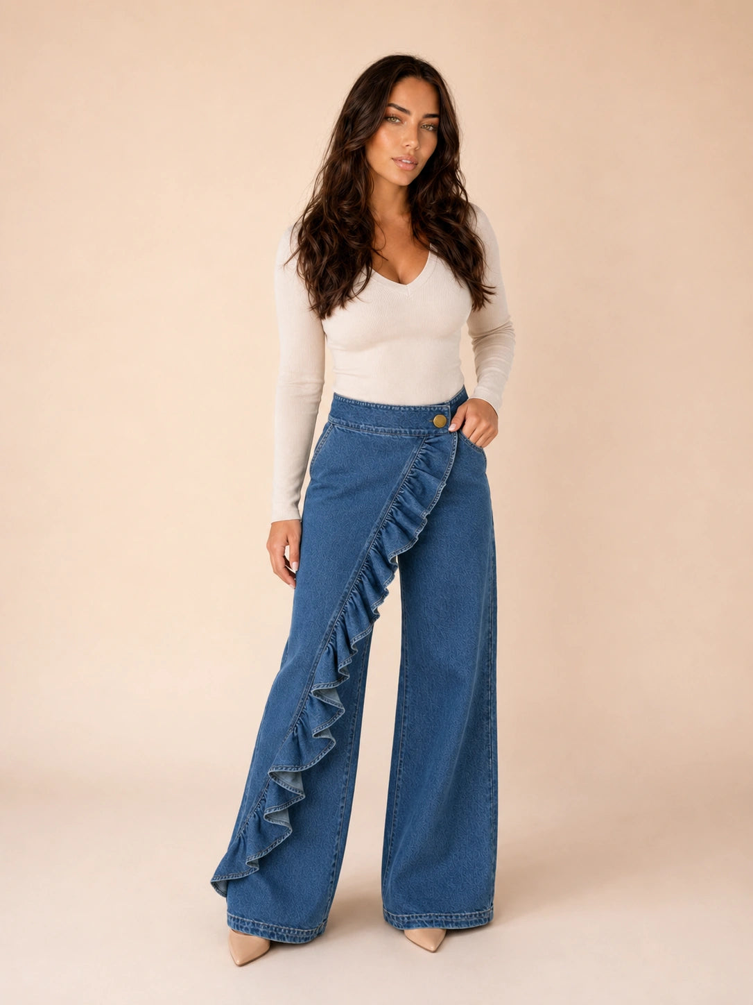 Avalon Ruffle-Trim Wide Leg Jeans