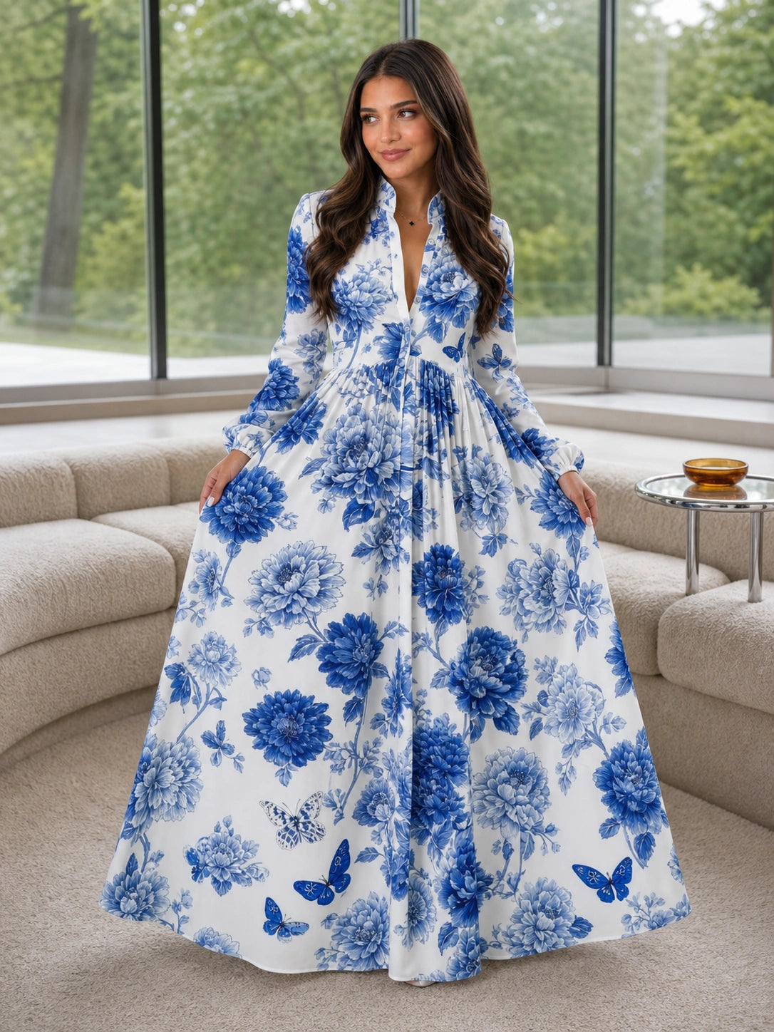 Charleston Stand-Collar Maxi Shirt Dress