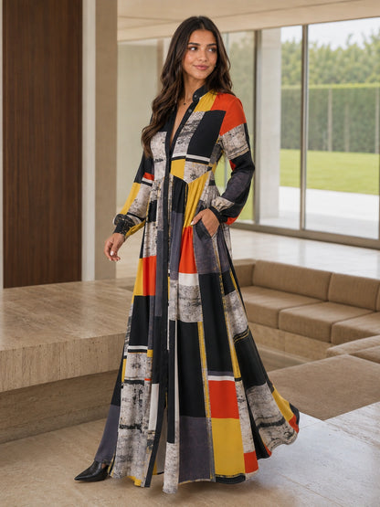 Charleston Stand-Collar Maxi Shirt Dress