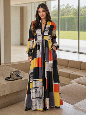 Charleston Stand-Collar Maxi Shirt Dress