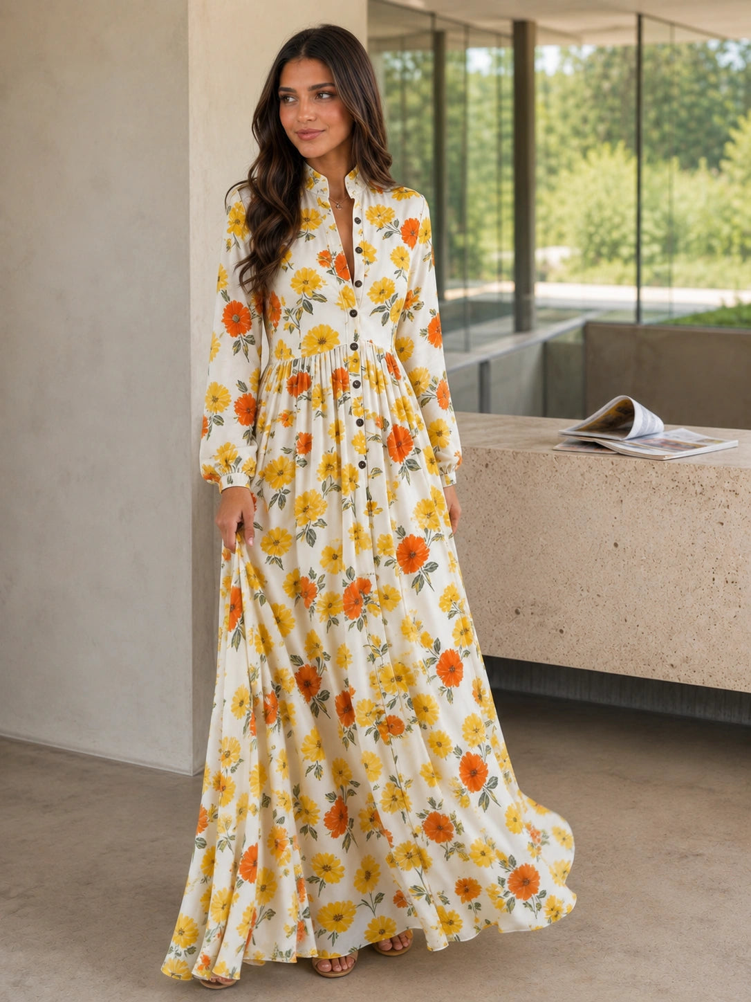 Charleston Stand-Collar Maxi Shirt Dress