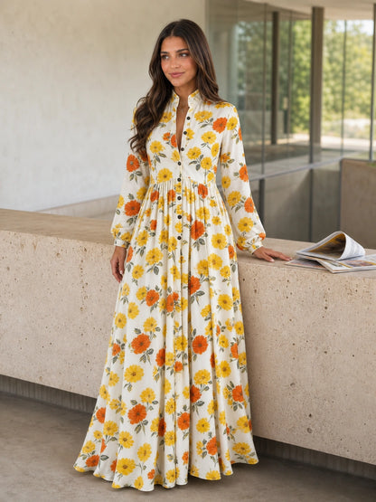 Charleston Stand-Collar Maxi Shirt Dress