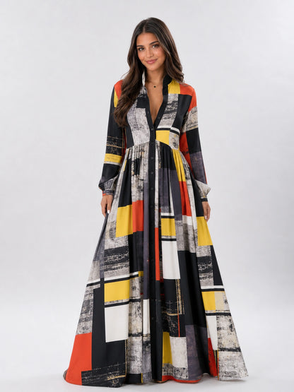 Charleston Stand-Collar Maxi Shirt Dress